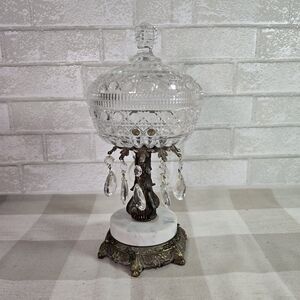 Vintage Cut Crystal Pedestal Bowl Candy Nut Dish w/ Lid Marble Base Brass